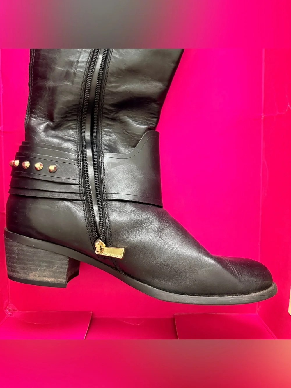 Vince Camuto Beatrix Black Leather Over-the-Knee Boots with Gold Studs & Buckle